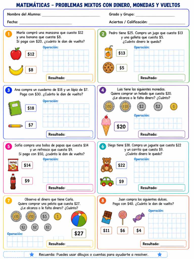 Ficha de Matemáticas: Problemas Mixtos con Dinero, Monedas y Vueltos (2° de Primaria)