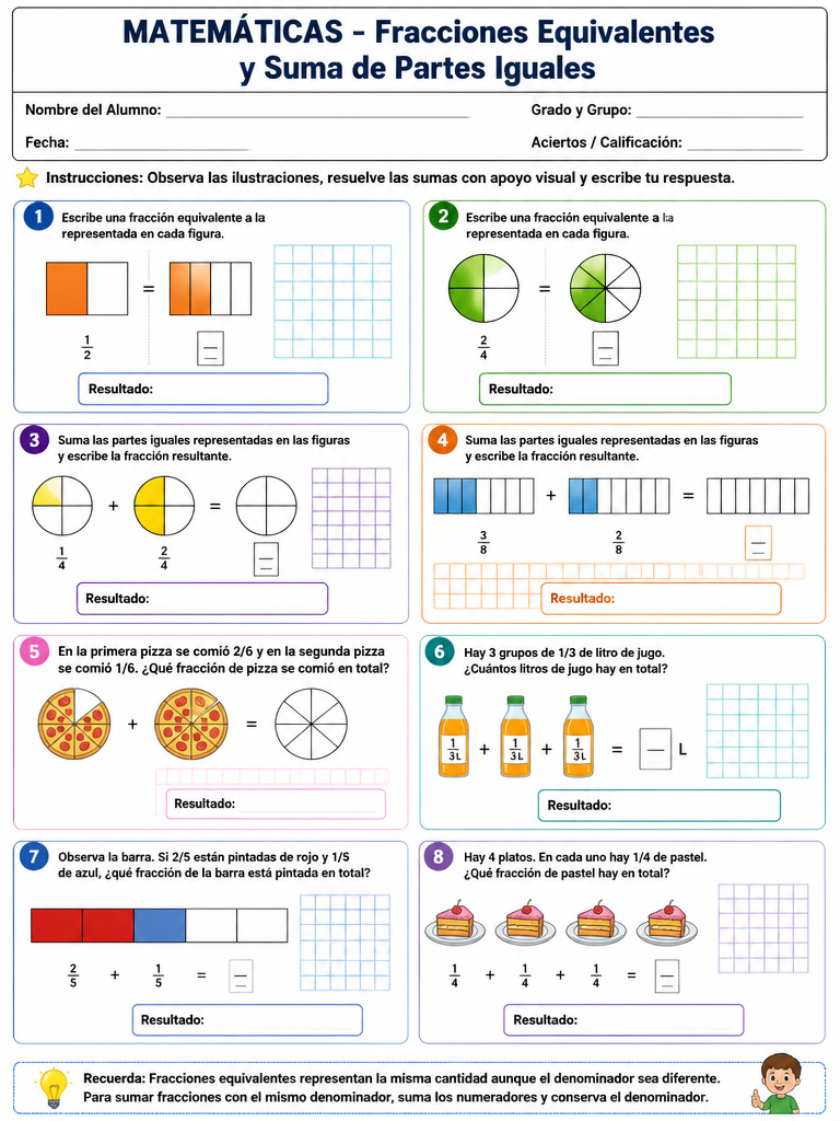 Ficha de Matemáticas: Fracciones Equivalentes y Suma de Partes Iguales (4° de Primaria)