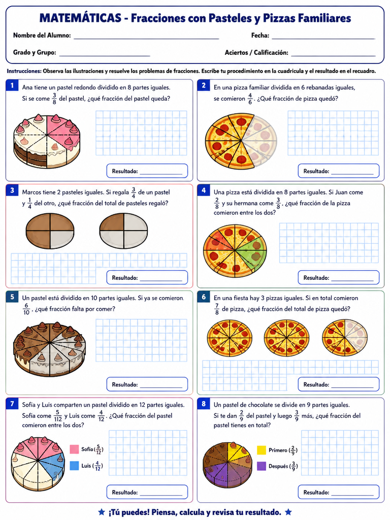 Ficha de Matemáticas: Fracciones con Pasteles y Pizzas Familiares (5° de Primaria)