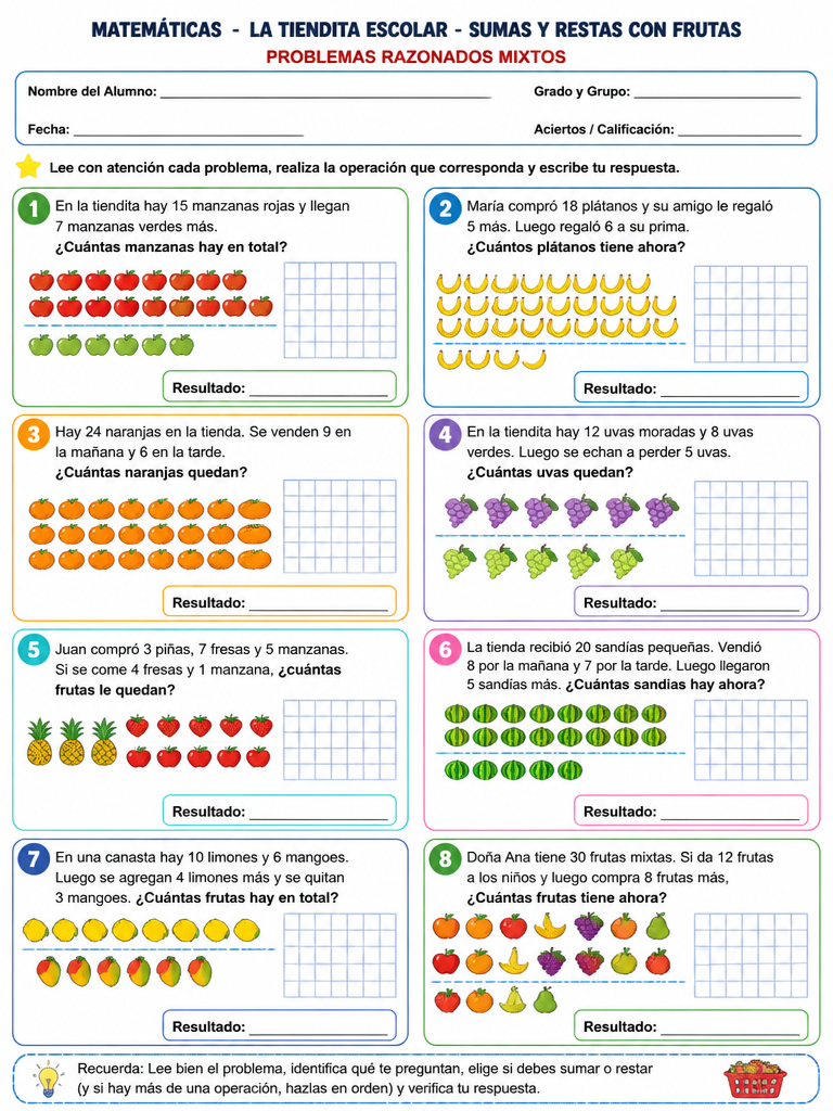 Ficha de Matemáticas: La Tiendita Escolar - Sumas y Restas con Frutas (3° de Primaria)