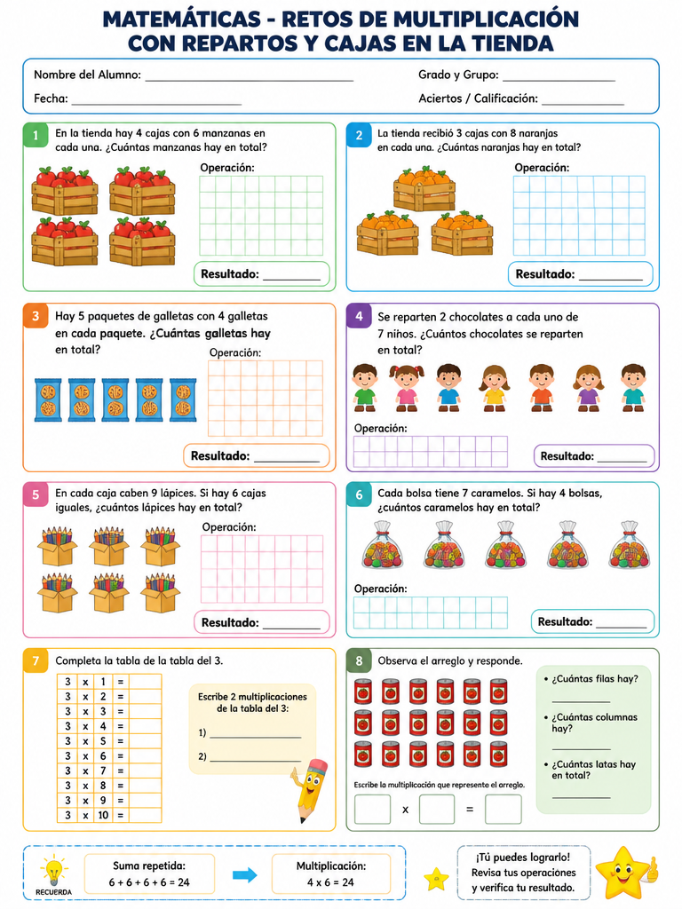 Ficha de Matemáticas: Retos de Multiplicación con Repartos y Cajas en la Tienda (3° de Primaria)