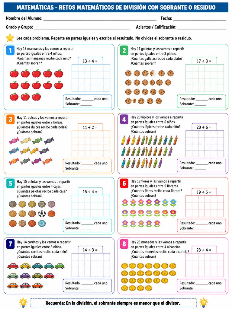 Ficha de Matemáticas: Retos Matemáticos de División con Sobrante o Residuo (2° de Primaria)