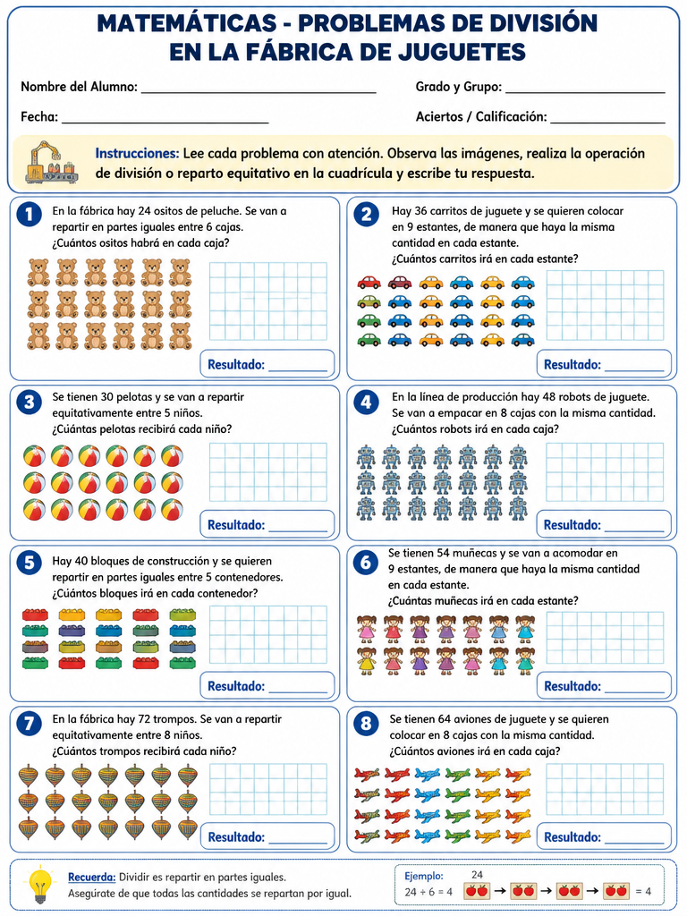 Ficha de Matemáticas: Problemas de División en la Fábrica de Juguetes (4° de Primaria)