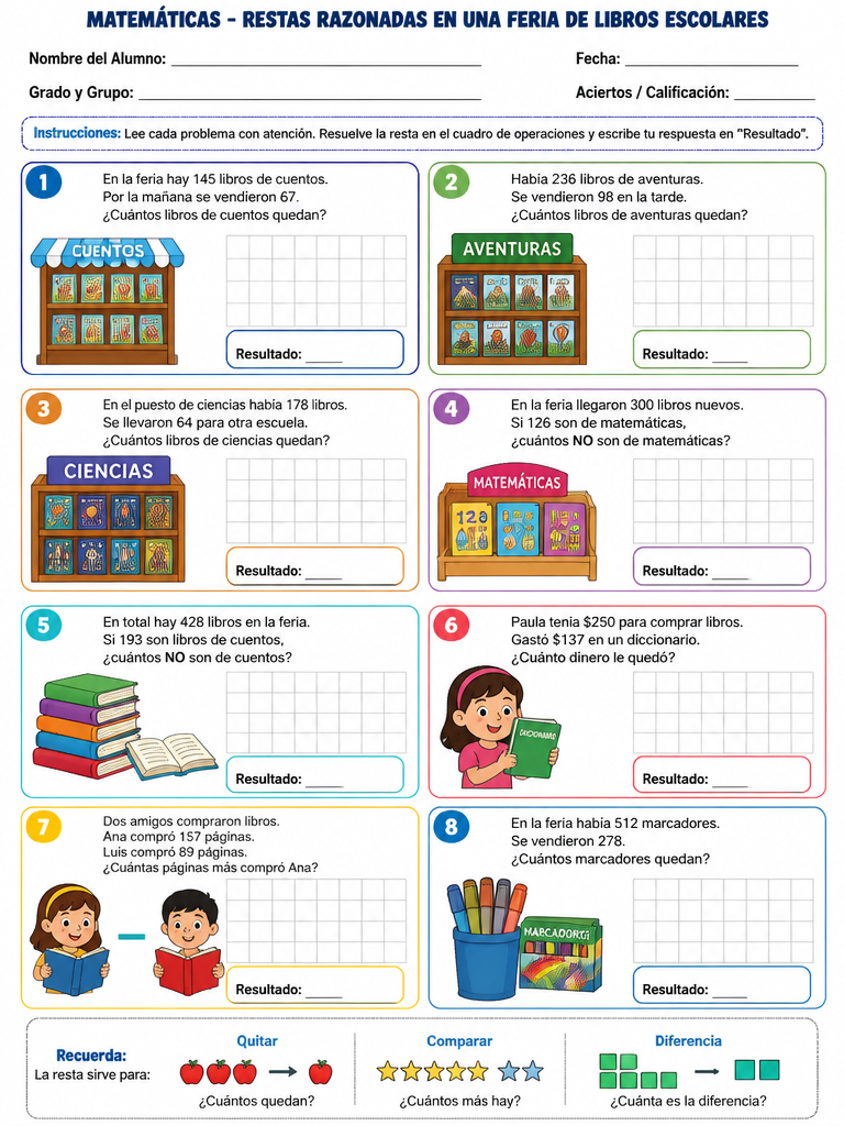 Ficha de Matemáticas: Restas Razonadas en una Feria de Libros Escolares (3° de Primaria)